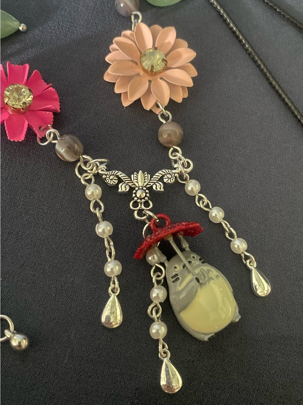 Floral Totoro Pendant Necklace in Pink, Peach & Red Set of 2